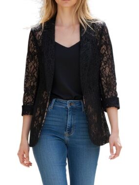 Black Sheer Lace Blazer Cardigan Women’s Floral 3/4 Sleeve Lightweight